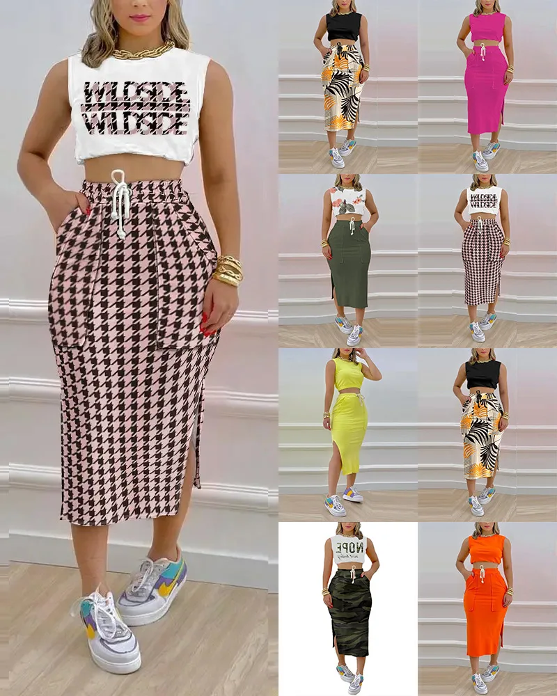 

Sexy Commuter Women's Skirt Set Revealing Umbilical Undershirt Tops Bird Check Pocket Drawstring Slit Pencil Skirt 2 Pieces Set