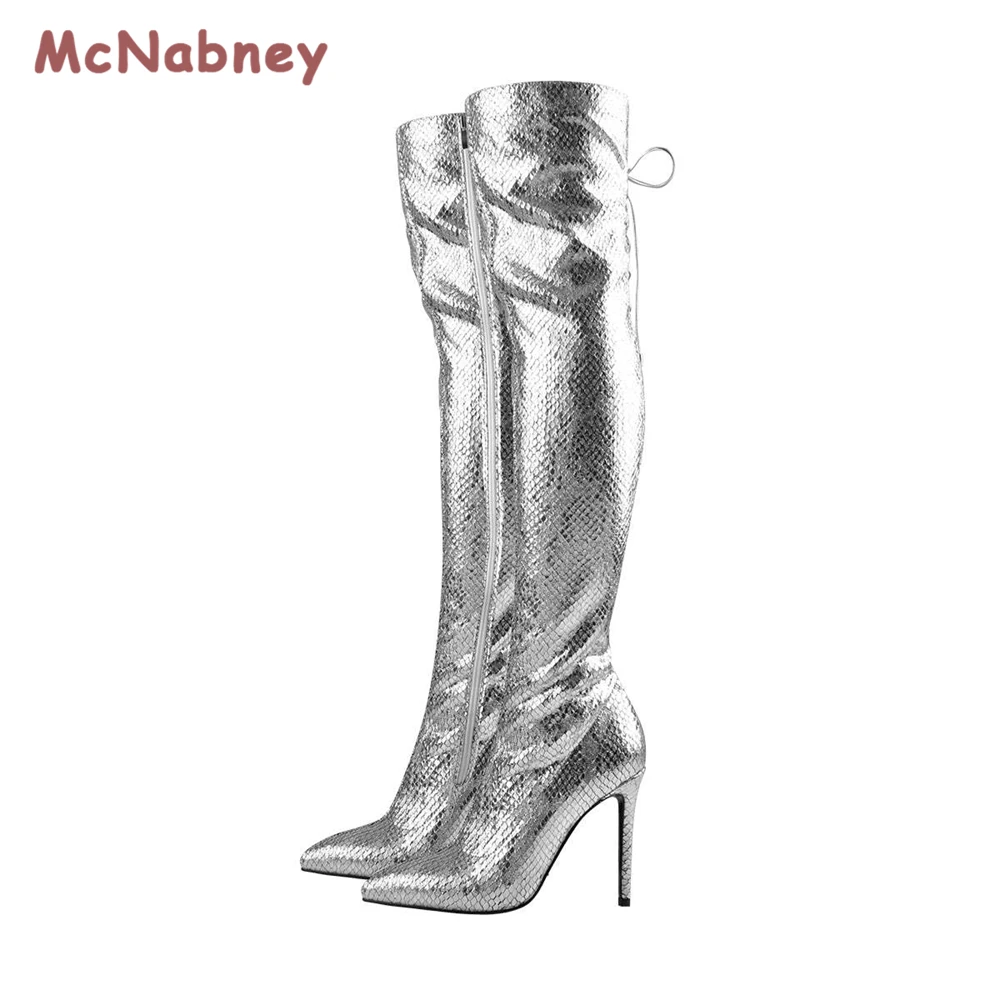 Women Over The Knee Boots Silver Fish Scale Side Zipper Stiletto Heels Boots Fashion Pointed Toe Cross Straps Thigh Boots