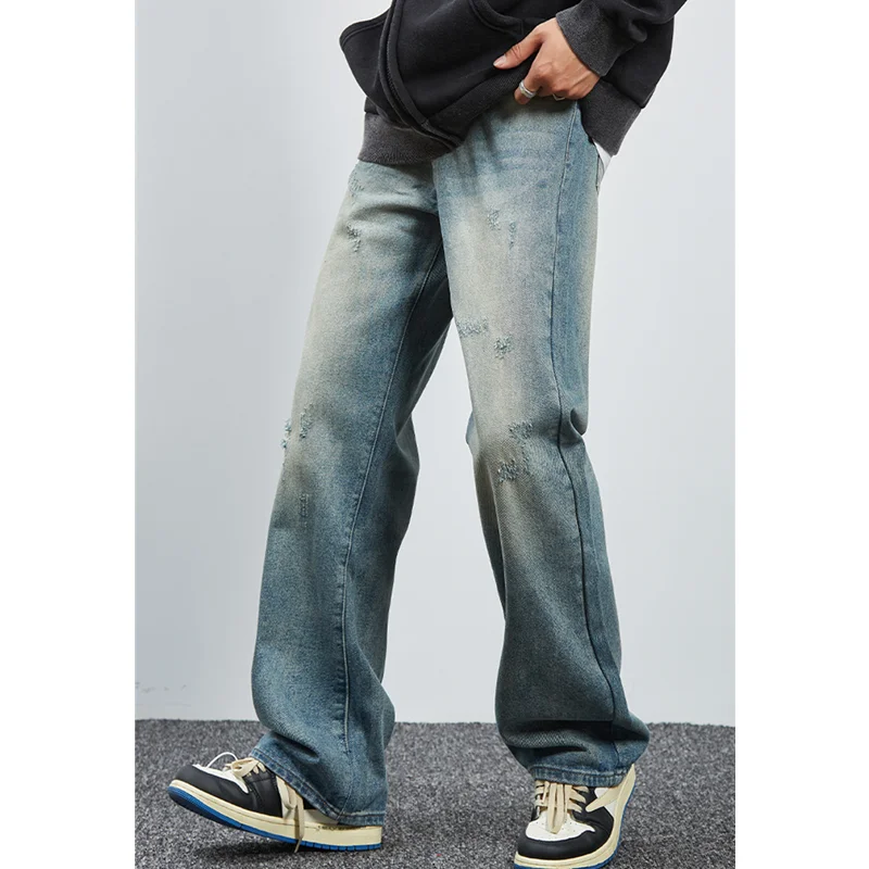Streetwear Men 2022 New Pattern Hole Patch Jeans Loose Recreational Straight Cylinder Blue Temperament Trousers Female Autumn