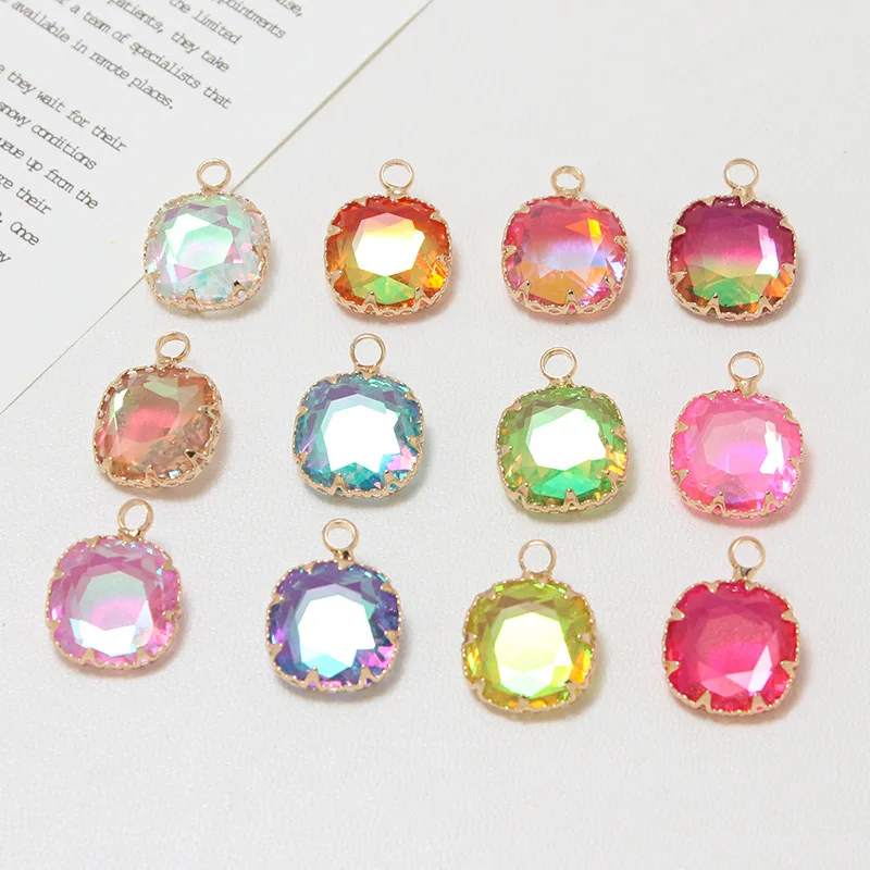 

6pcs Gradually Changing Color Copper Crystal Quadrangle Pendant Diy Earrings Hairpin Bracelet Accessories Materials Charms