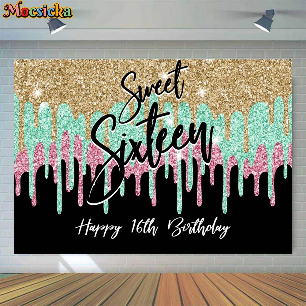 

Mocsicka Happy 16th Birthday Backdrop Girl Sweet Sixteen Glitter Golden and Green Photography Background Photoshoot Props Banner