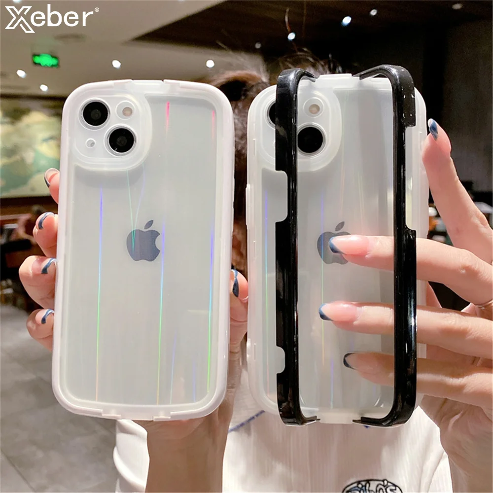 Кейс для телефона Candy Border Bracket Laser Aurora Transparent для iPhone 13 12 11 Pro Max X XR XS 7 8 Plus SE 3 Glitter Holder Cover.