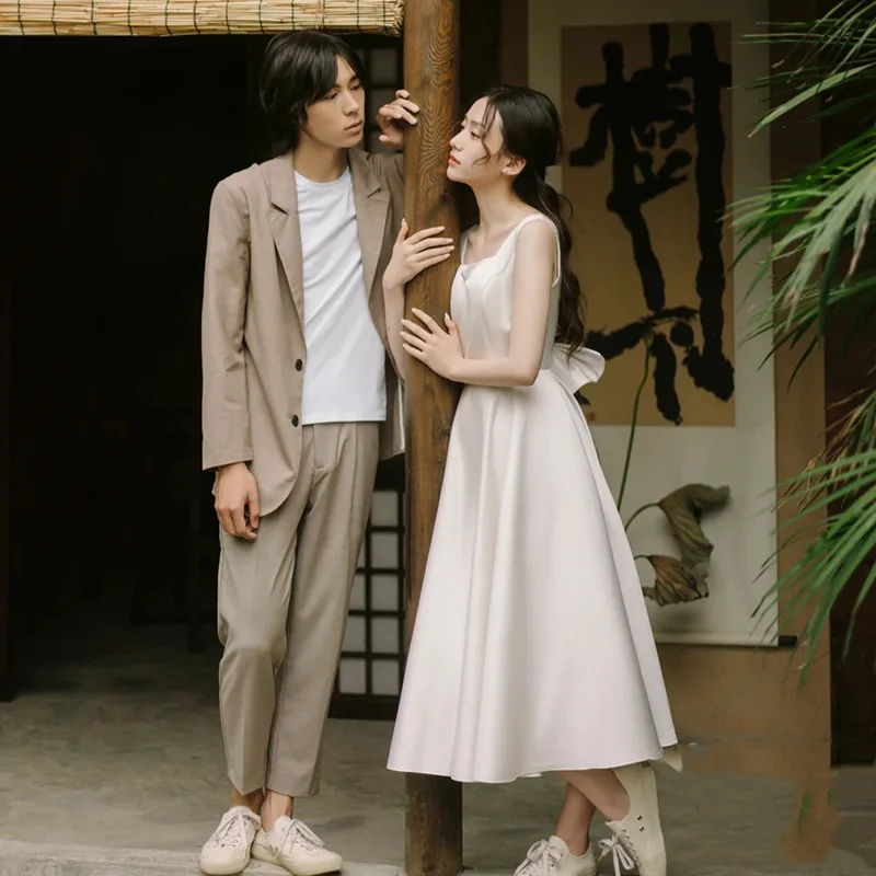 

Vintage Square Collar Women Wedding Dresses 2023 New Backless Sleeveless Bride Dress With Big Bow Satin Simple Suknia Slubna