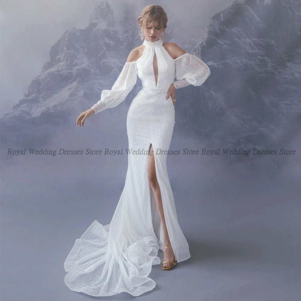 

Sexy Mermaid Wedding Dresses High Slit Halter Draped Puff Sleeve Applique Open Back 2022 Summer Floor Length Gowns Robe De Ma