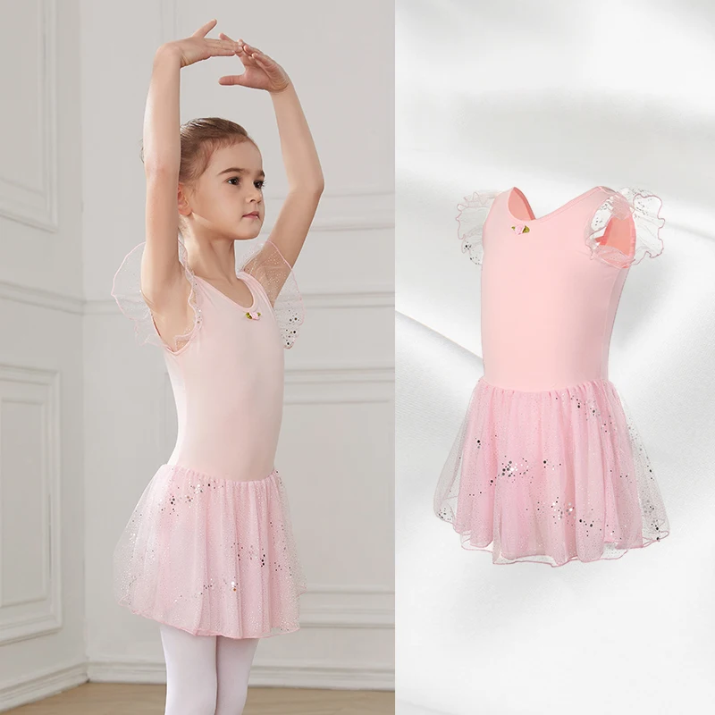 AOQUNFS Girls Ballet Skirt Dance Dress Wear Clothes for Kids Women Leotard Short Sleeve Cotton Costumes Dancing Dress with Tulle
