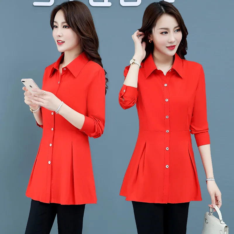 

Spring Women's Elegant Tops Slim A-line Single Breasted Cardigan Long Sleeve Blouse Office Lady Casual Loose Party Shirt Bigsize