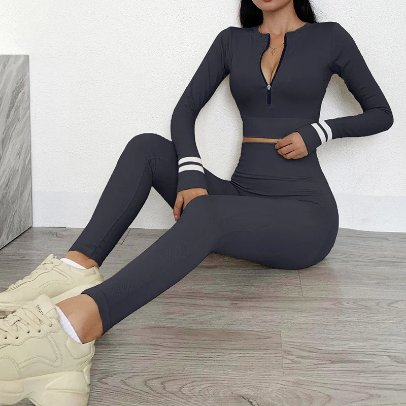 

2 Peices Women Seamless Yoga Set Long Sleeve Zipper Shirt Leggings Tight Fitness Suit Gym Running Clothing Sportswear Tracksuit