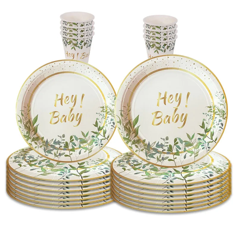 

Summer Leaves Theme Disposable Tableware Baby Shower Boy Girl Kids Hey Baby Sage Plate Cup Napkin Happy Birthday Party Decor