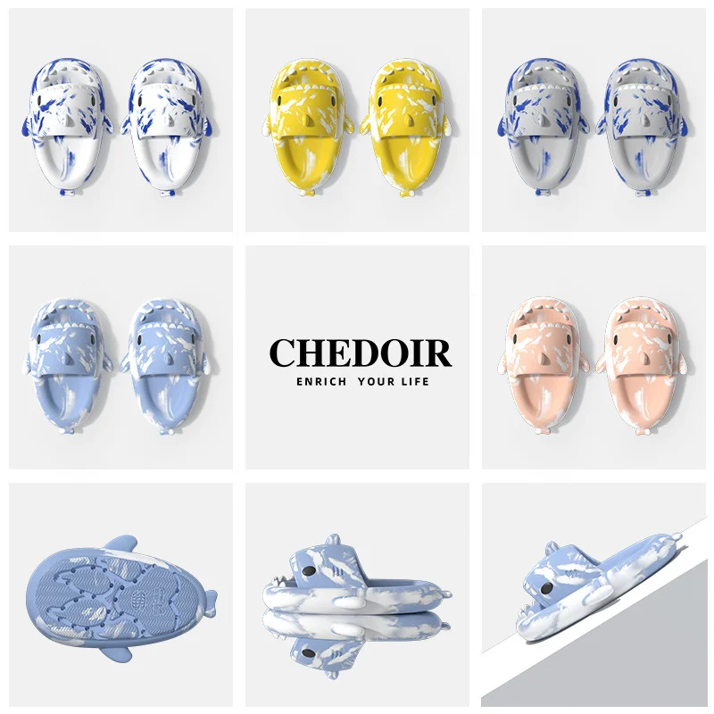 2023 Graffiti Cloudy Shark Slippers For Women Men Fashion Slippers Home Couple Thick Soled Non-slip  Outdoor Flip Flops Slides
