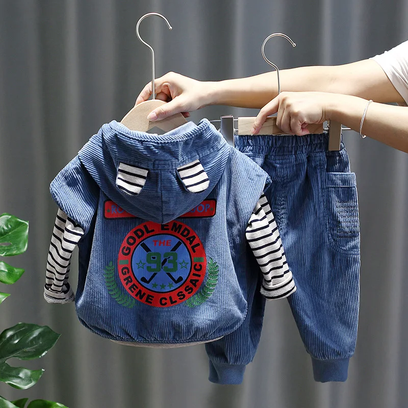 

Комплект одежды для маленьких мальчиков 1-7 лет, Весенняя хлопковая детская одежда для мальчиков, костюм для детей, вельветовый жилет с капюш...