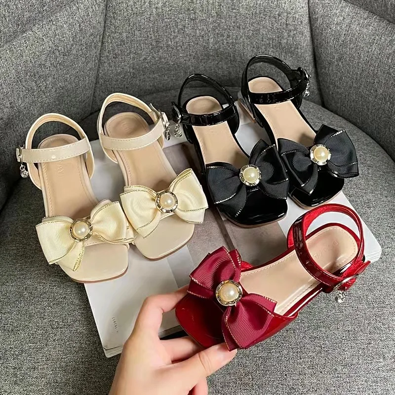 

Сандалии Детские на квадратном каблуке, Нескользящие, с жемчугом