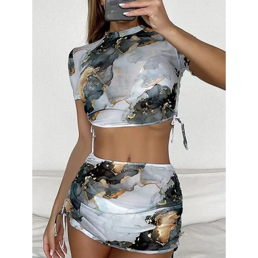 

2022 Sexy Mesh Bikinis Women Cover Up See-through Short Sleeve Crop Tops and Cover Up Skirts Swimwear Beach Dresses Two Pieces