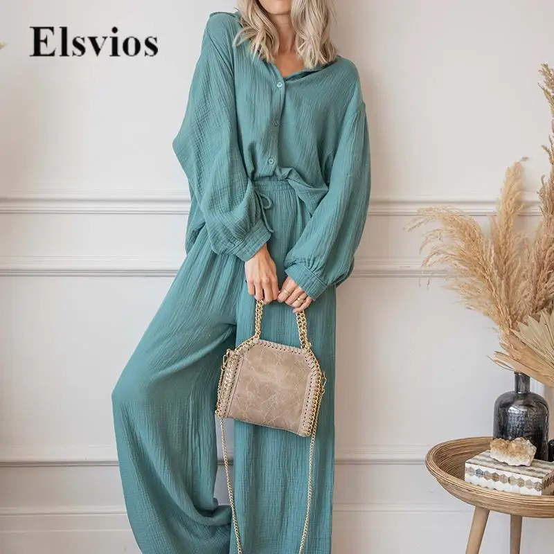 

Осенне-зимний однотонный свободный Женский комплект для сна, Повседневная рубашка с длинным рукавом + брюки с завязкой, наряды, мягкий хлопковый женский домашний костюм, пижамы