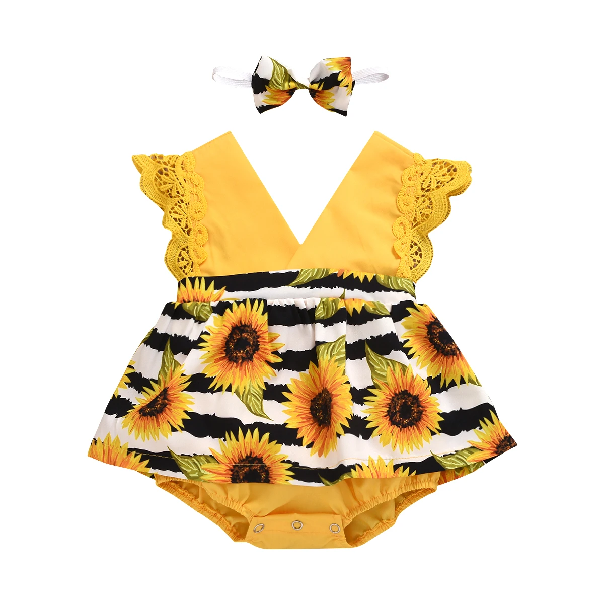 

Baby Girls Sunflower Floral Print Romper Dress Headband Lace Sleeve V-Neck Bodysuits 0-24M Newborn Infant Toddler Jumpsuit 2022