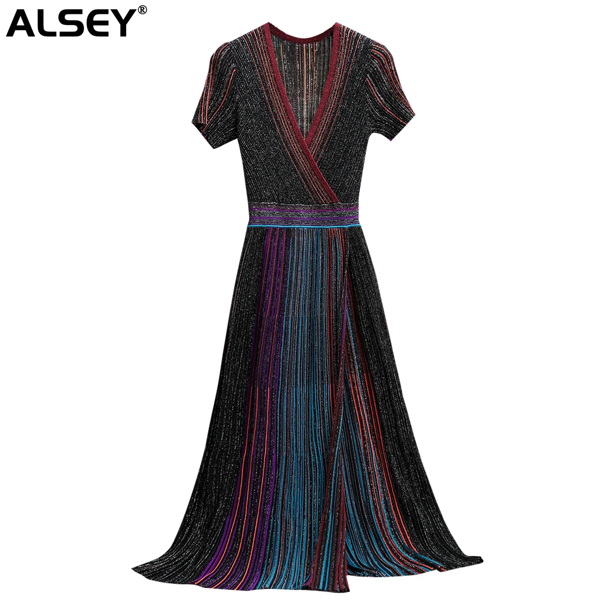 

Женское длинное трикотажное платье ALSEY Miyake, Радужное офисное платье-трапеция с V-образным вырезом, весна-лето
