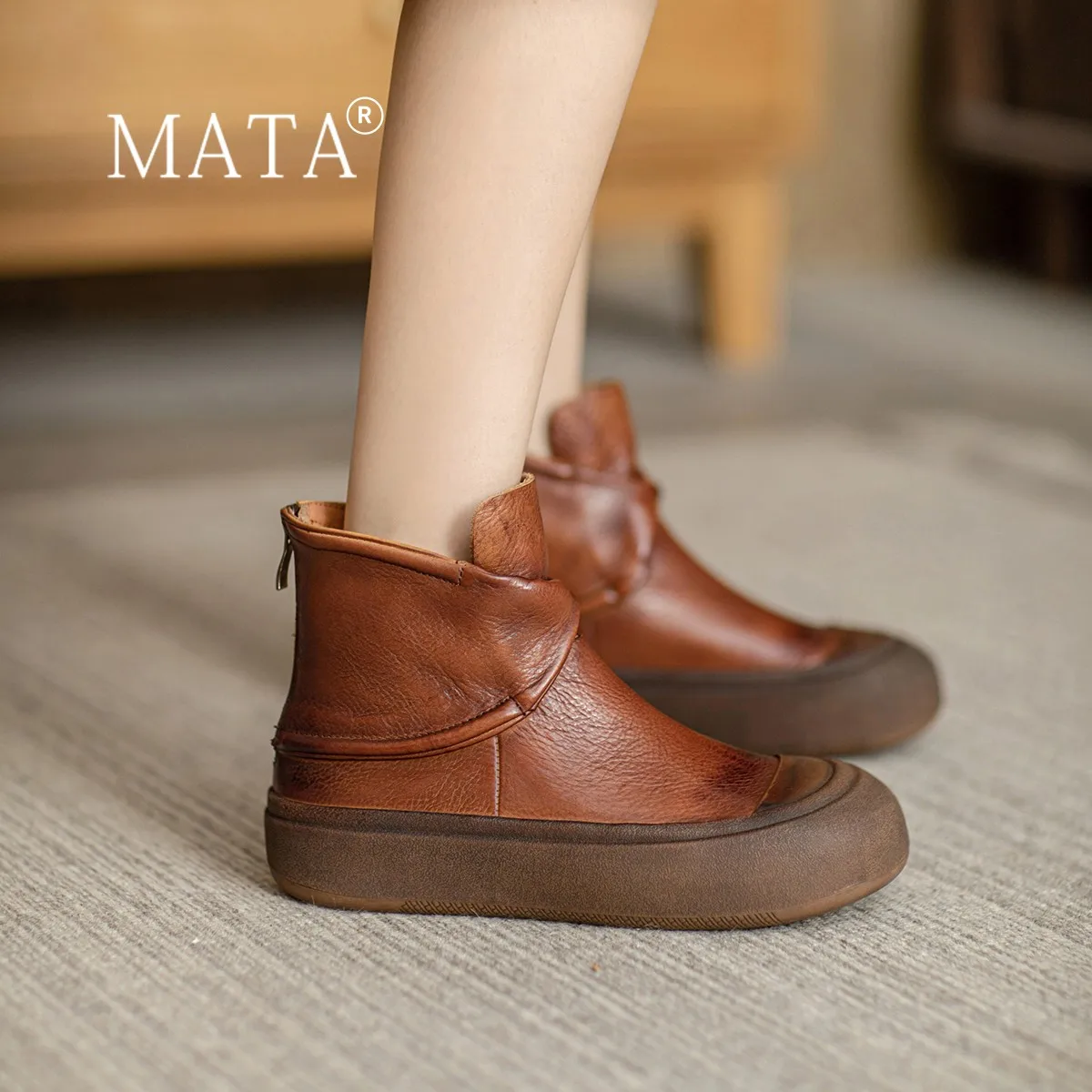 

Women's Boots Autumn Female Shoes Flat Heel Boots-Women Zipper Round Toe Ladies Elegant Med Lolita 2023 Ankle Genuine Leather Ro