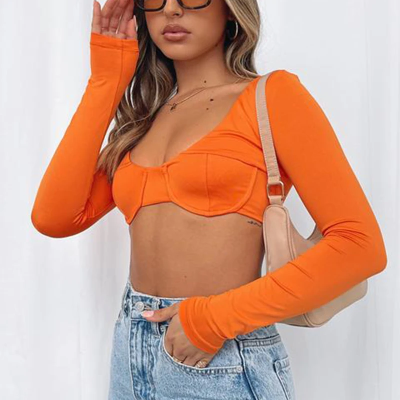 

Women Sexy Crop Tops, Solid Color Low Cut Long Sleeve T-shirt Showing Belly Button Clubwear