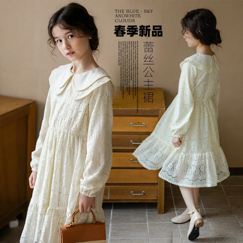 

Платье для девочек с кукольным воротником, весеннее и осеннее платье, Новое кружевное платье с длинным рукавом для молодых детей, повседнев...