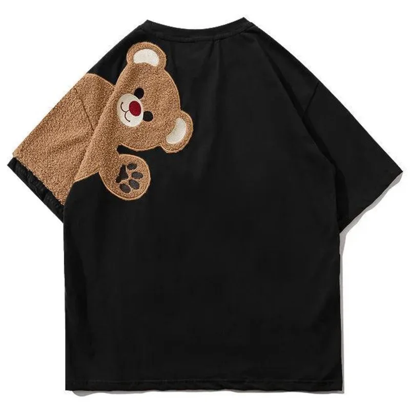 2022 Summer Novelty Cartoon T Shirt Women Bear Embroidery Flocking Tshirts Harajuku Streetwear Unisex Couple Hip Hop Tee Tops images - 6