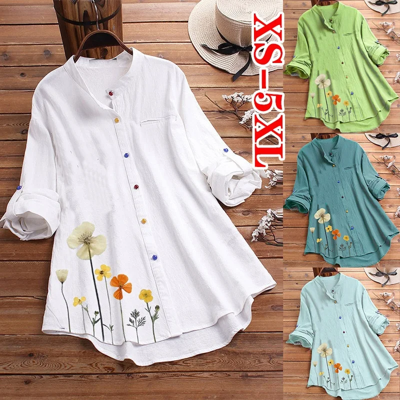 

Women Plus Size Spring and Summer Cotton Casual Print Stand-up Collar Color Button Long Sleeve Shirts Blouse