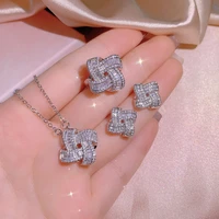 cute flower silver plate ring earrings necklace pendant luxury cz wedding engagement bridal trendy jewelry set for woman girls
