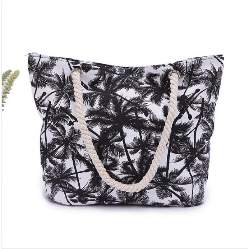 New Coconut Tree Beach One Shoulder Woman Large Capacity Handheld Canvas Bag Fashion Simple Zipper Shopping Bag Foreign Trade