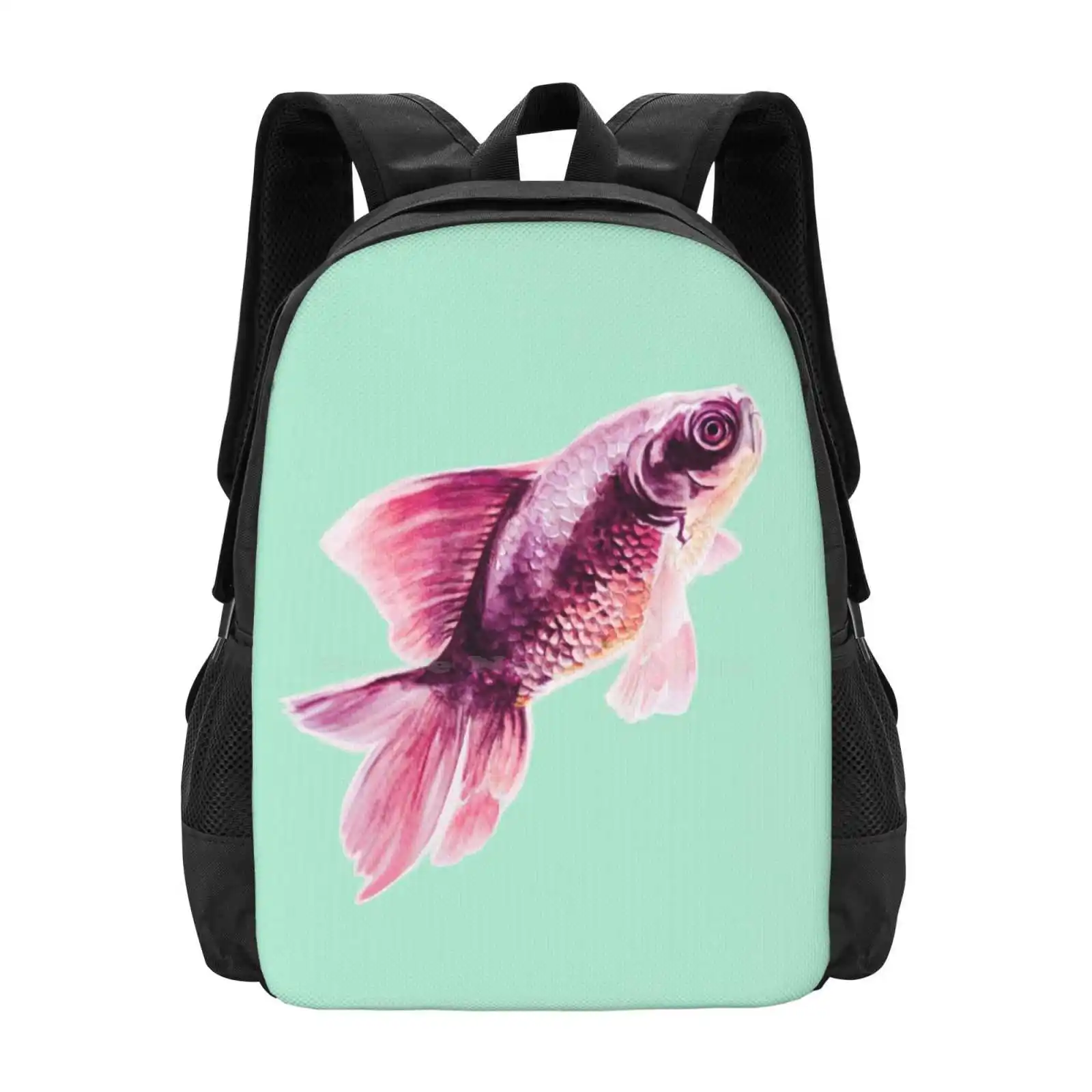 

Magneta Fish On Mint Pattern Design Bag Student'S Backpack Goldfish Pink Mint