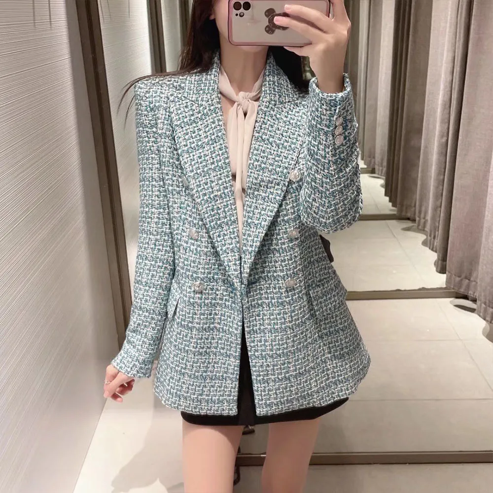 

DiYiG WOMAN Spring 2022 New Textured Double Breasted Casual Blazer Retro Lapel Long Sleeve Flap Pocket Ladies Chic Top Mujer