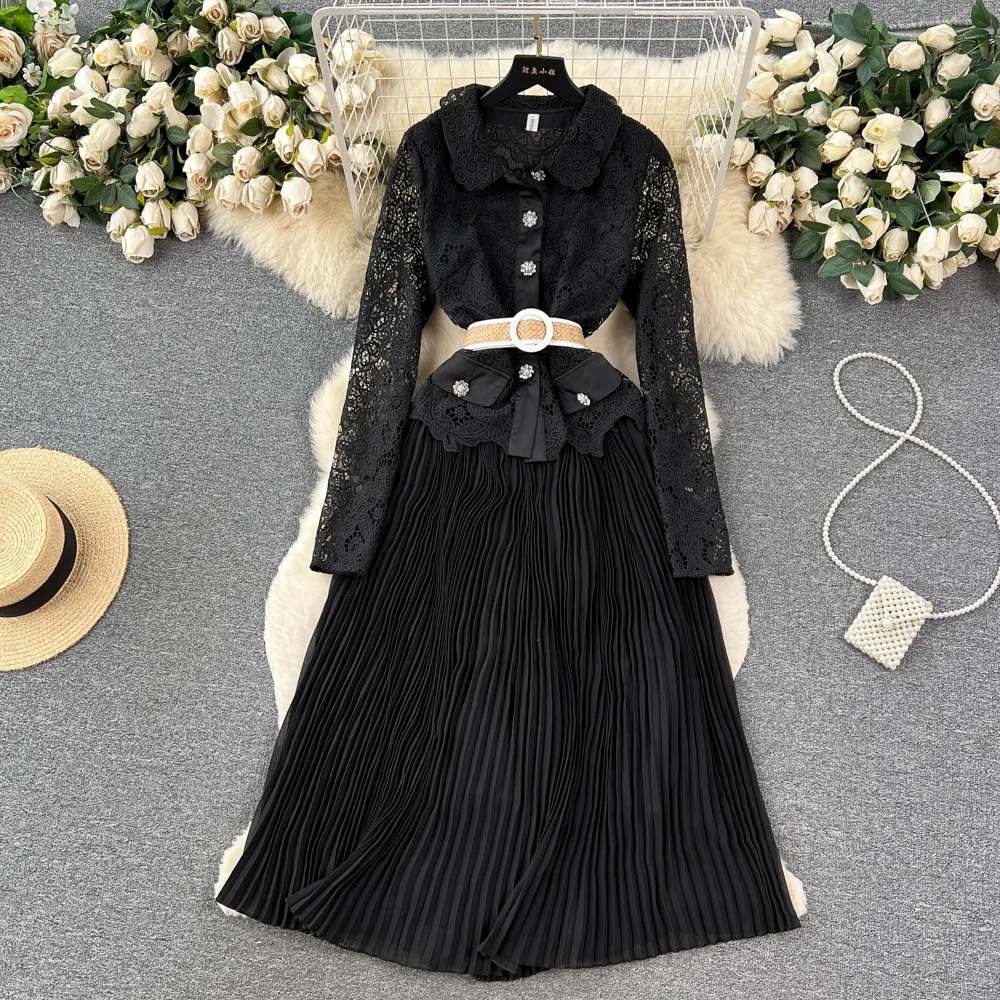 New Fashion Court Lace A-line Dress Women's Summer Hollow Out Embroidery French Long Sleeve Princess Party Clothes Vestidos L084