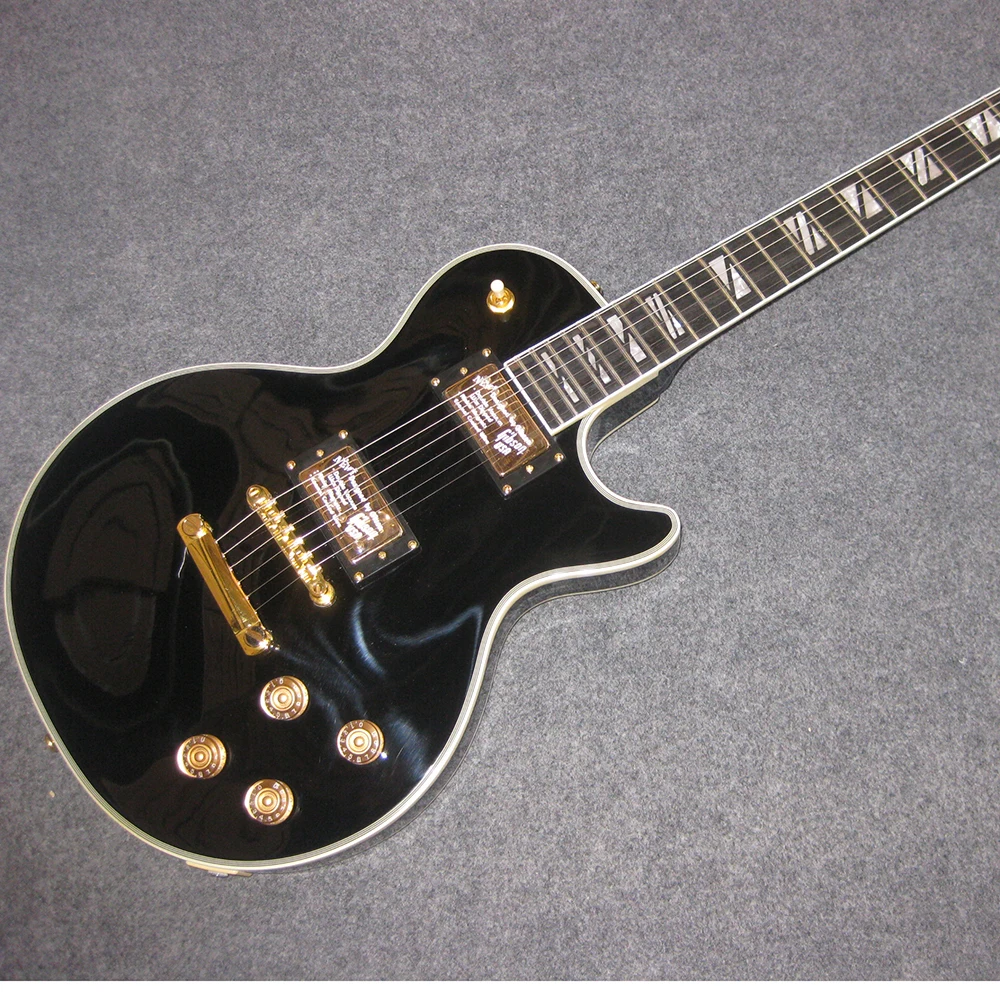

Пользовательская черная электрогитара LP, двухсторонняя выпуклость корпуса гитары, золотые аксессуары