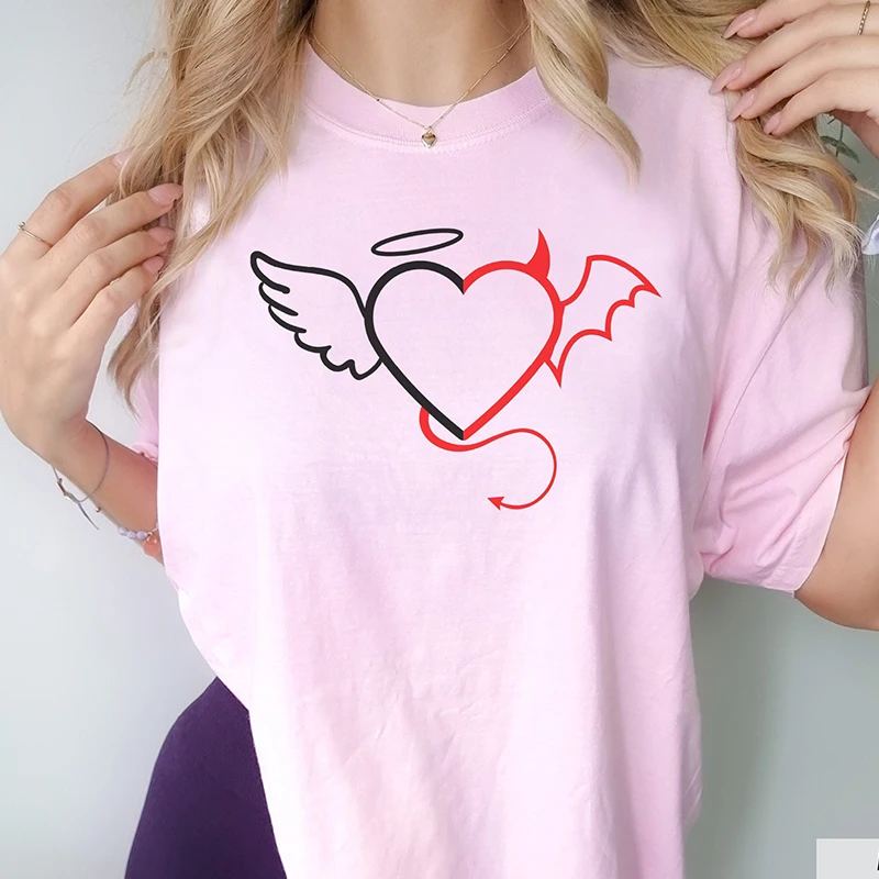 

Angel and Devil Heart Cotton Graphic T Shirts Women Angel Demon Wings Comfort Color T-Shirt Satanic O Neck Tshirts Female