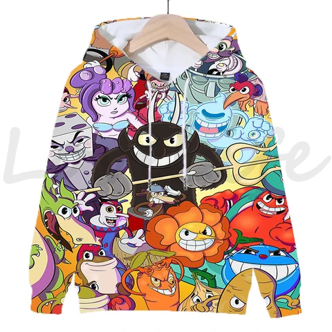 Детские толстовки с капюшоном Cuphead Game Mugman для мальчиков и девочек, толстовки в стиле аниме, милые топы, детские пуловеры с 3D капюшоном, повседневная уличная одежда Sudadera