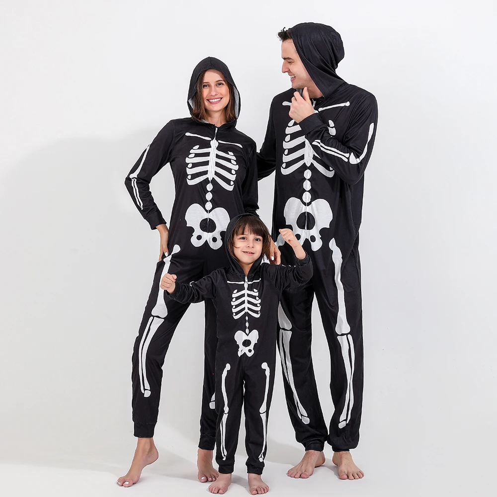 

Halloween Scary Skeleton Costume for Adult Kids Family Horror Skull Jumpsuit Carnival Party Hooded Halloween Parent-Child Pajama