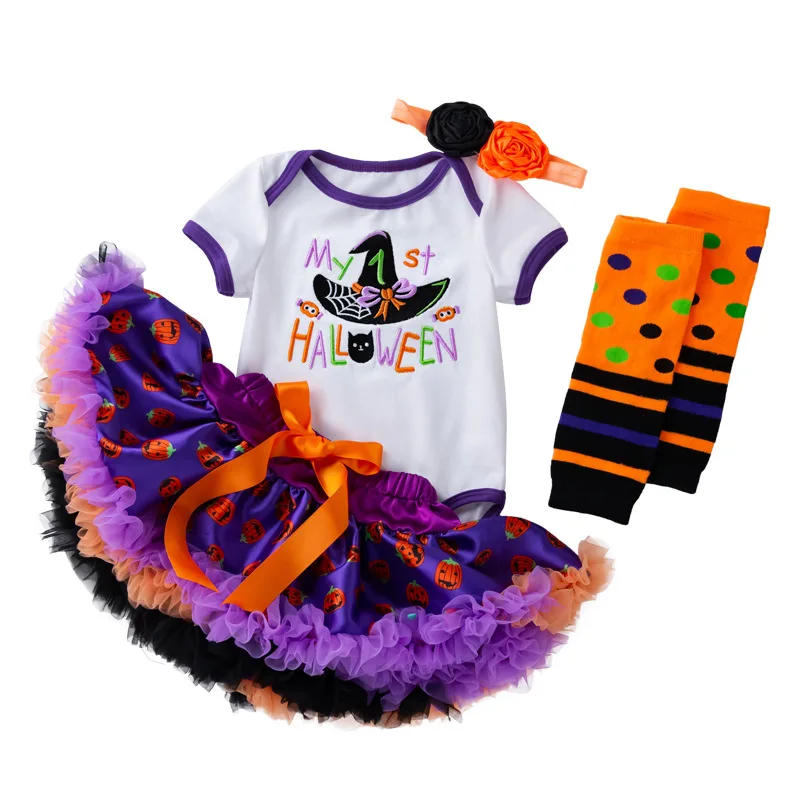 

2022 Halloween Children's Suit Girls Cartoon Embroidered Witch Hat Short-sleeved Romper Tutu Skirt Baby Party Clothes