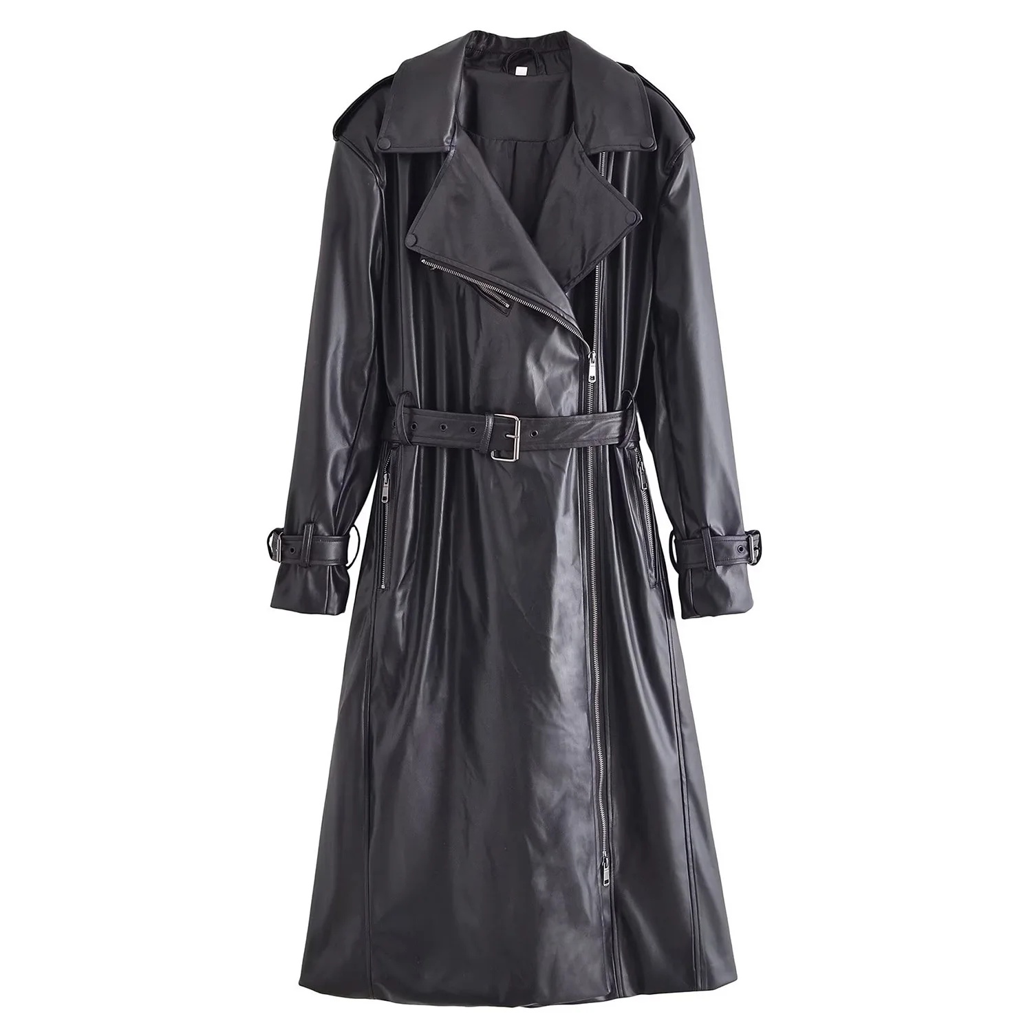 

Women Fashion With Belt PU Black Front Zipper Long Trench Vintage Lapel Neck Long Sleeves Female Chic Lady Outfits
