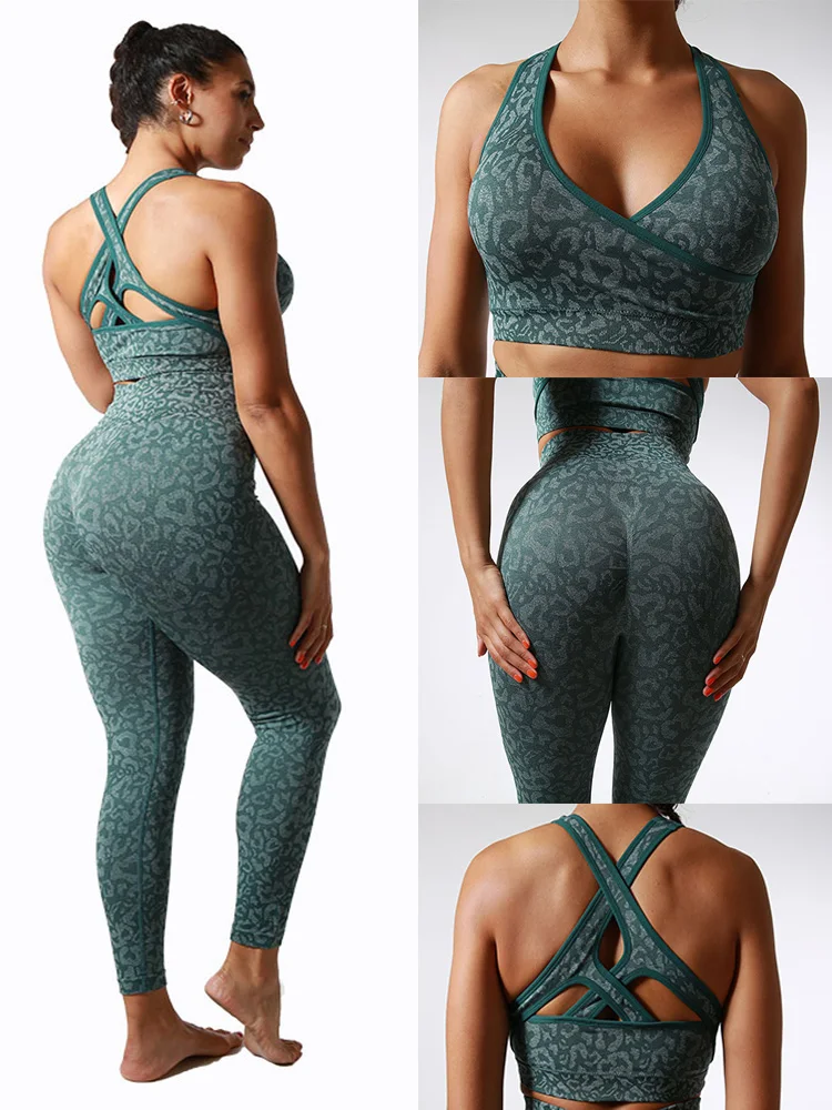 

Леопардовый принт Бесшовные Леггинсы для женщин для фитнеса тренировок бега Спортивная одежда для тренажерного зала полный комплект бюстгальтер Топ Колготки брюки сексуальные леггинсы