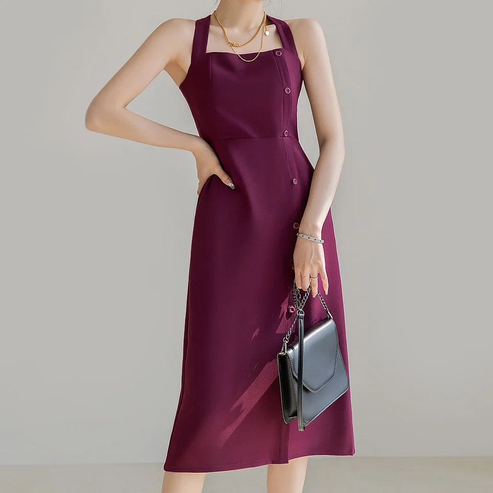 

Женское платье на бретельках, элегантное черное или фиолетовое платье без рукавов на пуговицах, облегающее платье для клувечерние, лето 2023