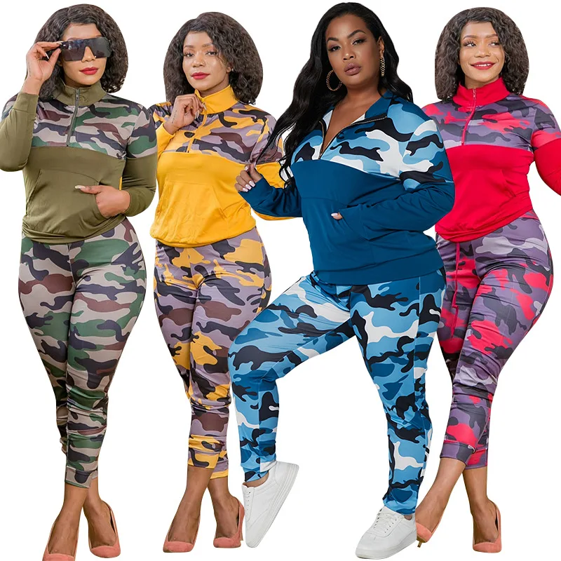 

Camouflage 2 Piece Long Pants Sets Women Patchwork Logn Sleeve Top and Skinny Pants Spring Turn Down Collar Outfit Streetwear