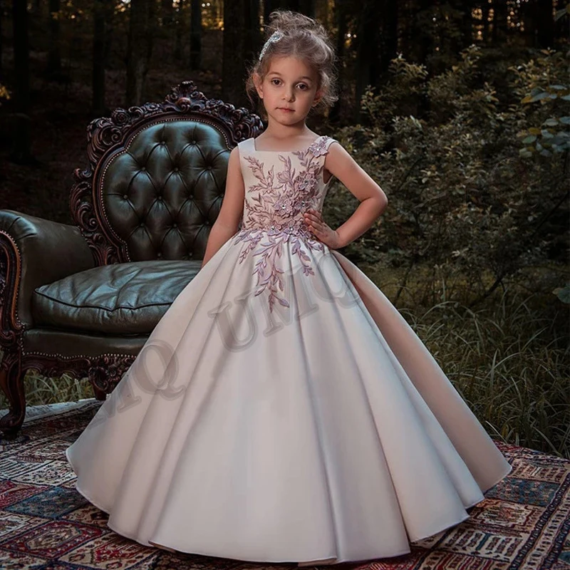 

Темно-розовое атласное платье с цветочным принтом для девочек на день рождения, подходит для свадебной вечеринки, модного шоу, первого причастия, всех возрастов