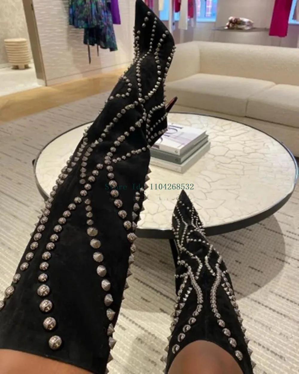 Замшевые сапоги до колена с заклепками подиумные ботинки пикантные модные