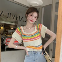 korean style striped knit sweater t shirt womens short hollow short sleeve top 2022 summer fashion casual ladies clothing