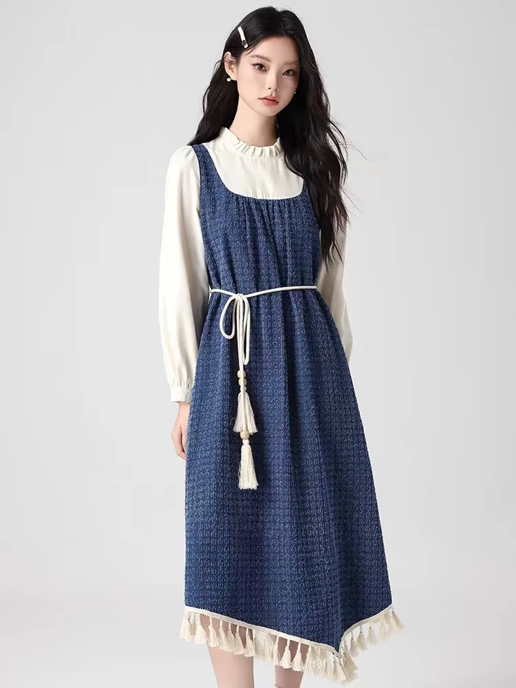 MiiiiX джинсовое длинное платье с нерегулярными кисточками женское из двух частей