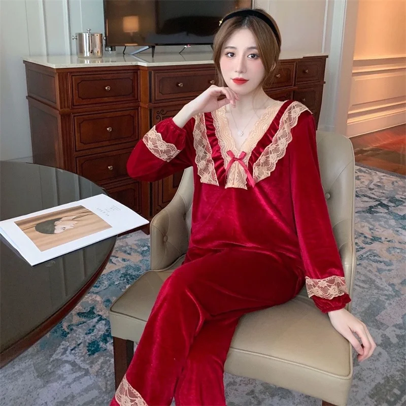 Velvet Princess Pajamas Set Sexy Lace Sleepwear For Women Full-Sleeve Autumn Soft Pyjama Women's Comfortable Sweet Homewear