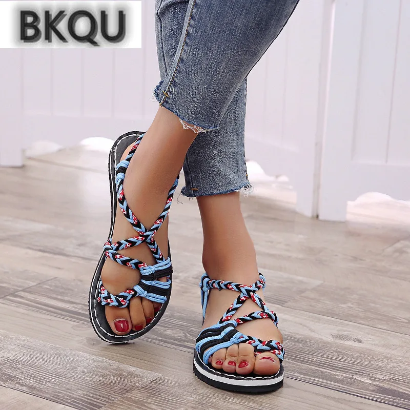 

2022 Summer New Style Women's Sandals Closed Toe Flat Roman Sandals Womens Mixed Color Knot Sandals Womens Casual Beach Sandals
