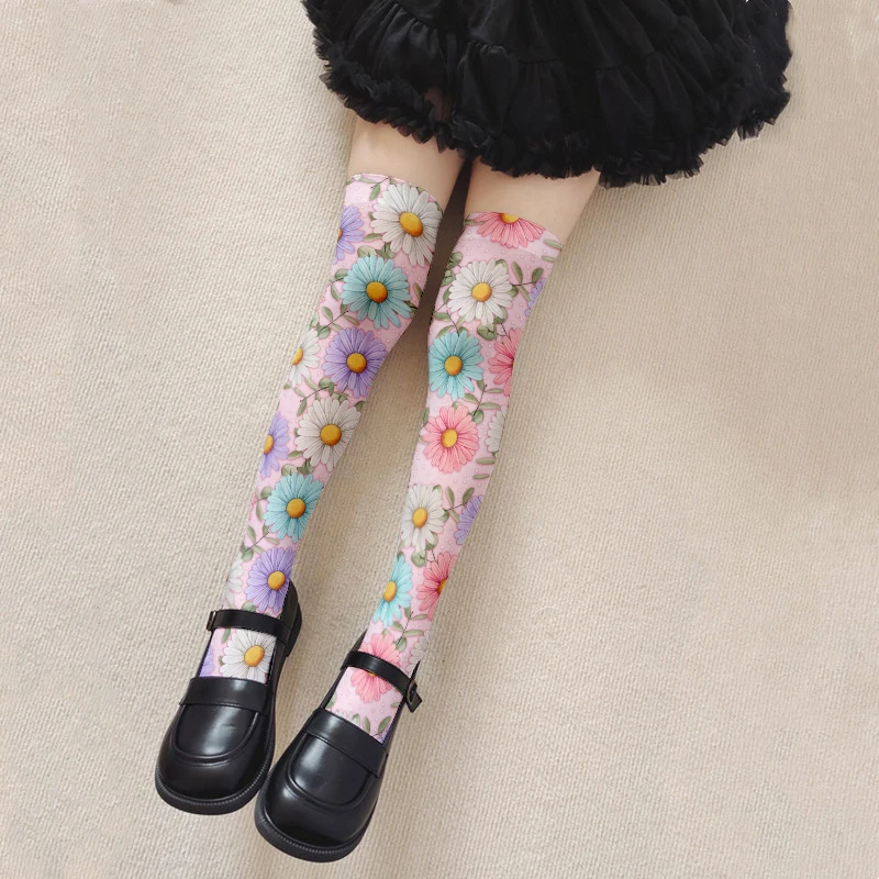 

Fashion Trend Ladies Sexy Over Knee Stockings With Printed Sweet Kawaii Lolita Girls Thigh Stockings Harajuku Flowers Stocking