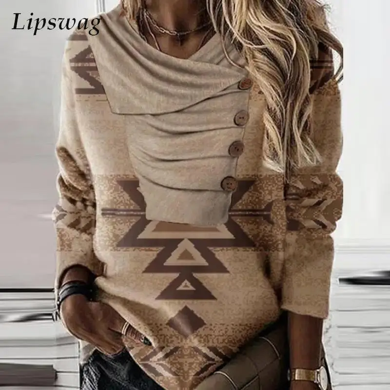 

Fashion Geometry Print Shirt Blusa Casual Cross V Neck Button Tops Blouse For Women Vintage Harajuku Female Loose Pullover Shirt