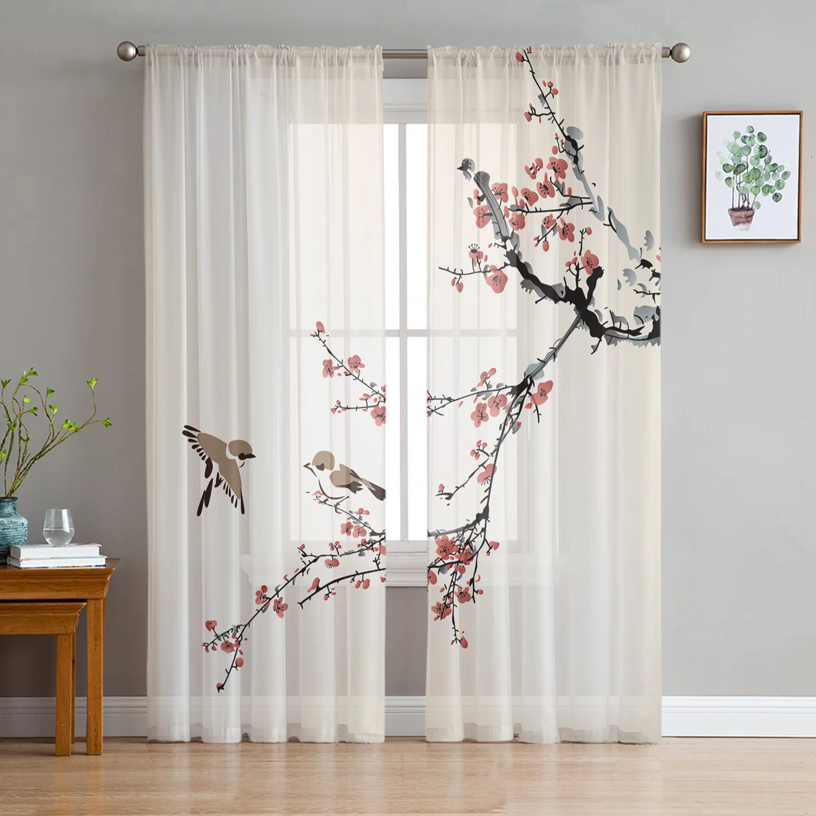 

Plum Blossom Bird Chinese Style Tulle Sheer Curtains for Living Room Decoration Window Curtain for Bedroom Voile Organza Drapes