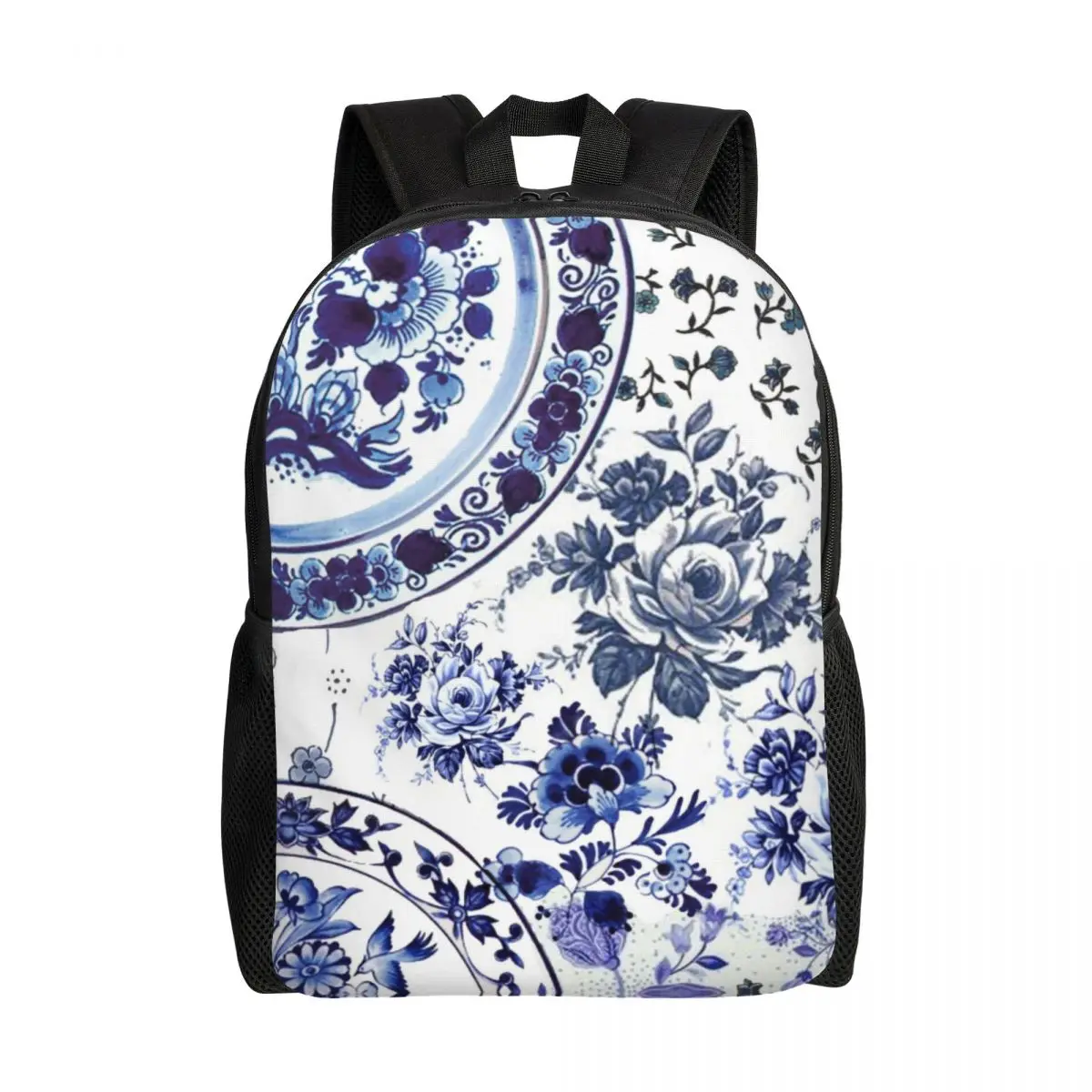 

Vintage Delft Blue Flowers Porcelain Print Backpacks College School Student Bookbag Fits 15 Inch Laptop Oriental Floral Art Bags