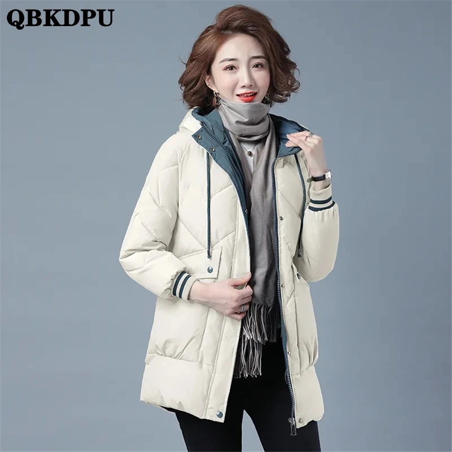 

Hooded Mid-length Cotton Padded Winter Women Coat Pocket Parkas Warm Snow Wear Overcoat Steetwear Windbreaker Korean Outwear Top