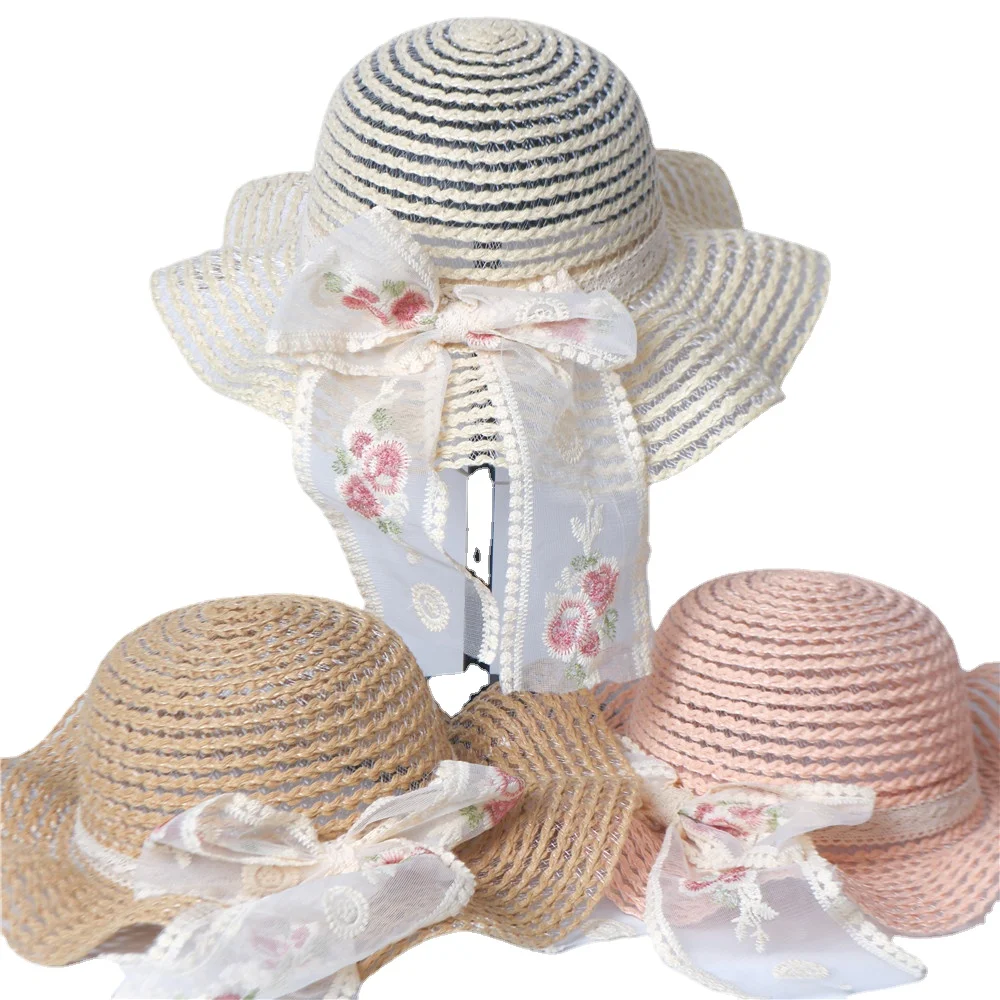 

Girls Summer Cap Straw Hat for Girls Children Children Kids Sun Cap Baby Beach Hats Hats Wide Brim with Bowknot 48-52cm